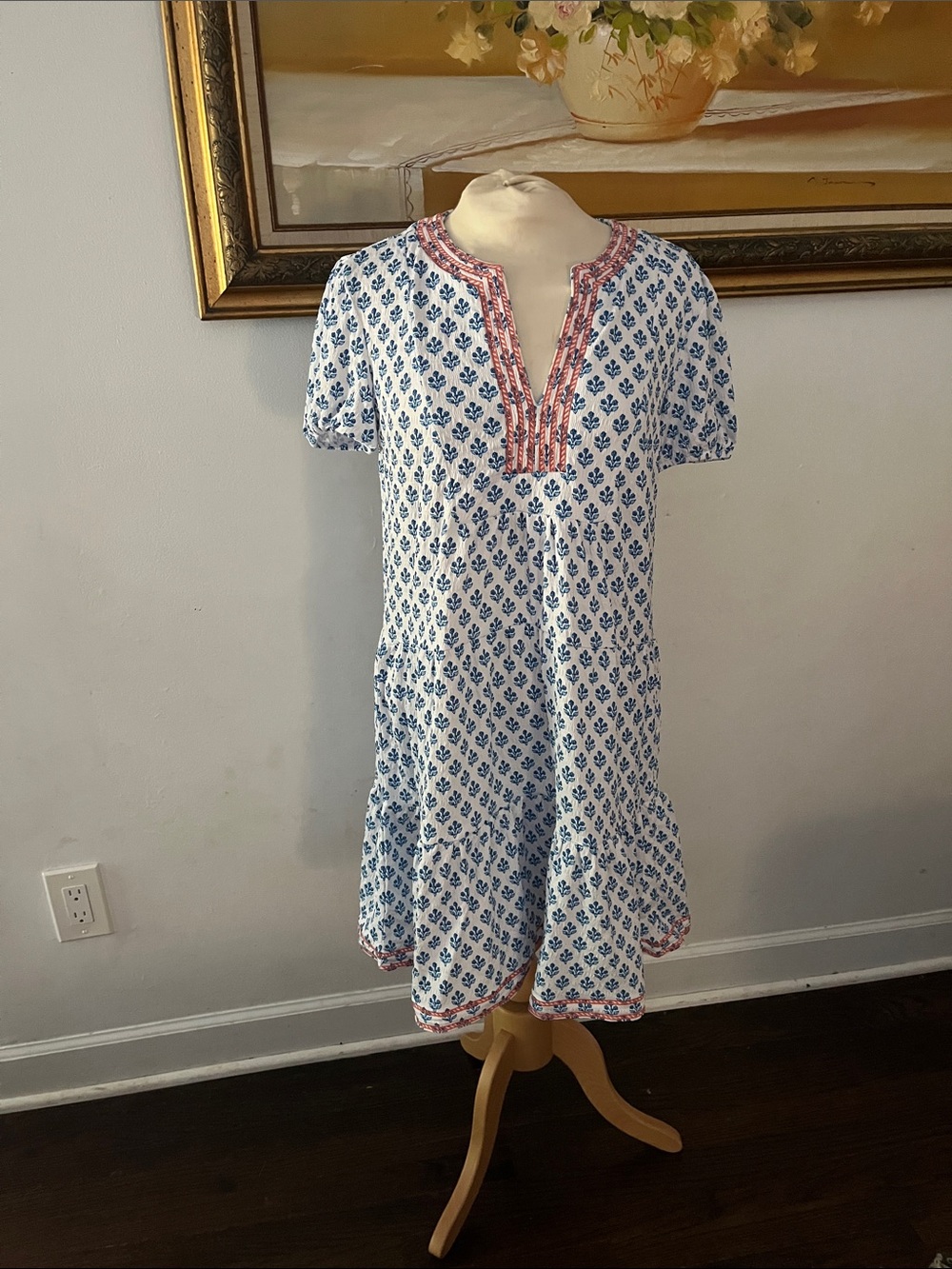 Cabana Life White Midi Dress with Blue Floral Print and Pink Trim